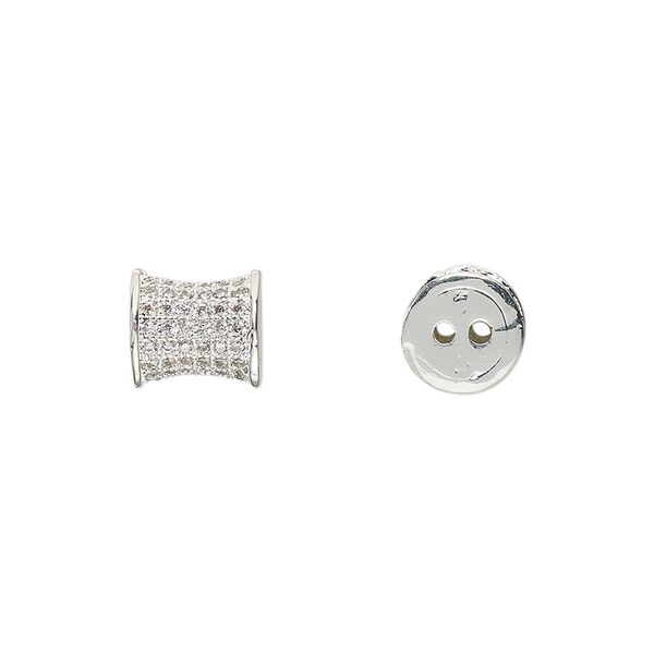 Bead, glass rhinestone and silver-finished brass, clear, 9x8mm pinched cylinder with 2 holes. Sold individually. image number 0