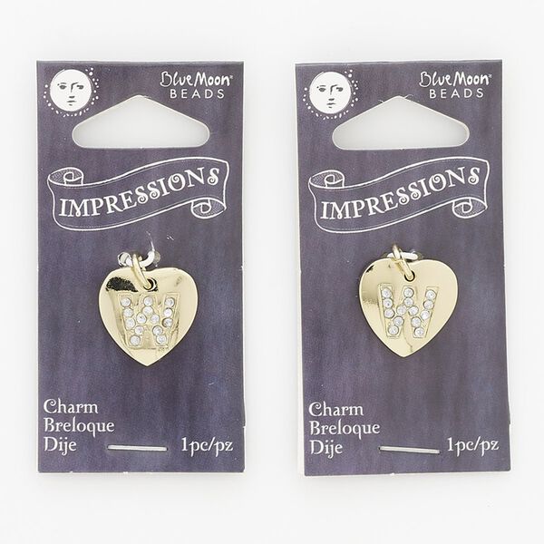 Charm, gold-finished "pewter" (zinc-based alloy) / steel / acrylic rhinestone, clear, 15.5mm single-sided puffed heart with letter "W." Sold per pkg of 2. image number 0