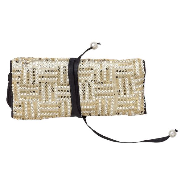 Jewelry pouch, nylon / rayon / plastic sequins, white / black / gold, 8-3/4 x 6-1/4 inches with tie closure. Sold individually. image number 0