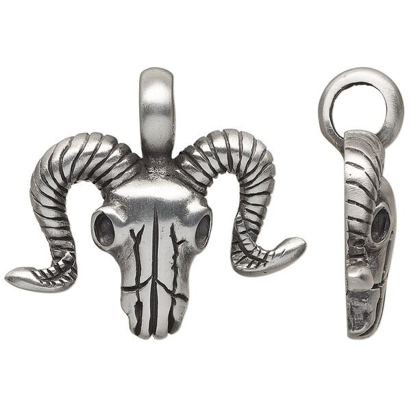 Pendant, antiqued pewter (tin-based alloy), 37x34mm single-sided ram skull. Sold individually. image number 0