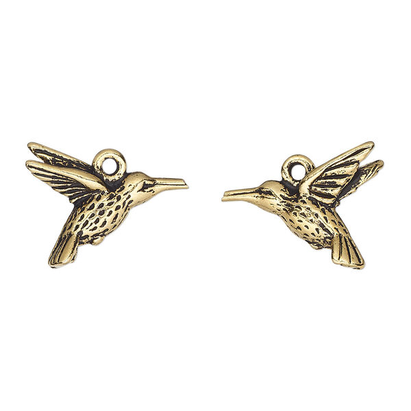 Charm, TierraCast®, antique gold-plated pewter (tin-based alloy), 18x15mm 3D hummingbird. Sold per pkg of 2. image number 0