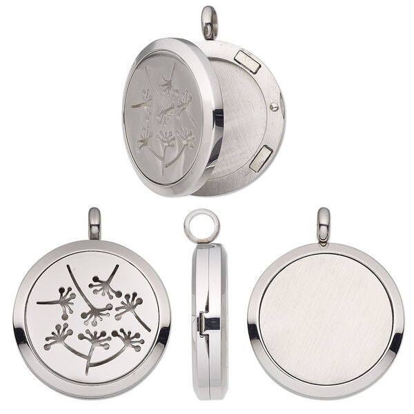 Pendant, stainless steel, 37x30mm single-sided hinged round locket with cutout dandelion and magnetic closure. Sold individually. image number 0