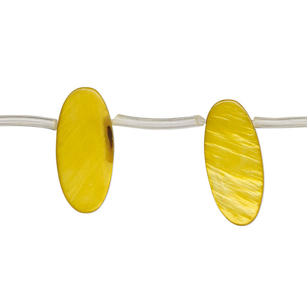 Bead, mother-of-pearl shell (dyed), golden yellow, 18x6mm-19x8mm top-drilled flat oval, Mohs hardness 3-1/2. Sold per 14-inch strand, approximately 20 beads. image number 0
