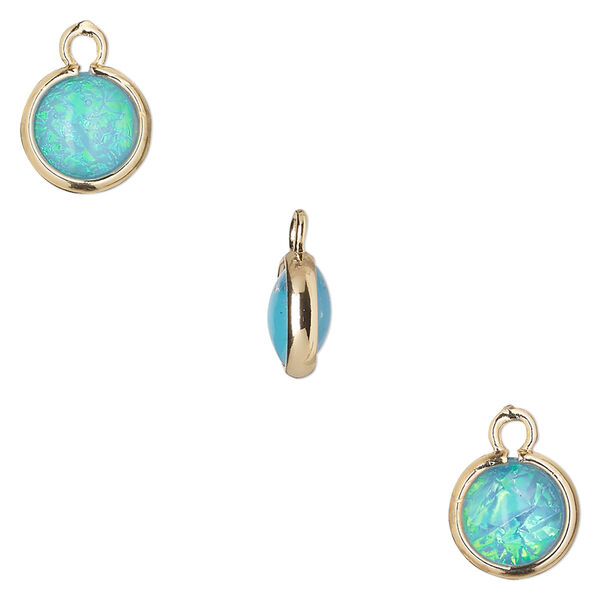 Drop, Opalized Ice™, "opal" (resin) and gold-finished brass, light blue, 9.5mm double-sided round. Sold per pkg of 6. image number 0