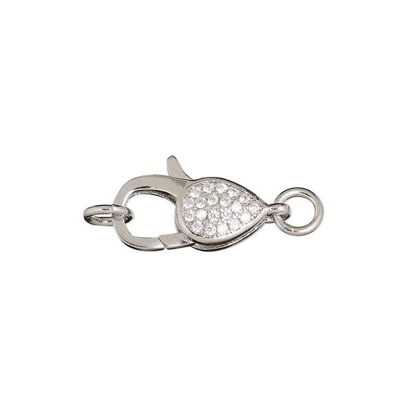 Clasp, lobster claw, cubic zirconia and silver-finished brass, clear, 17x8mm double-sided with (2) 5.5mm jump rings. Sold individually. image number 0