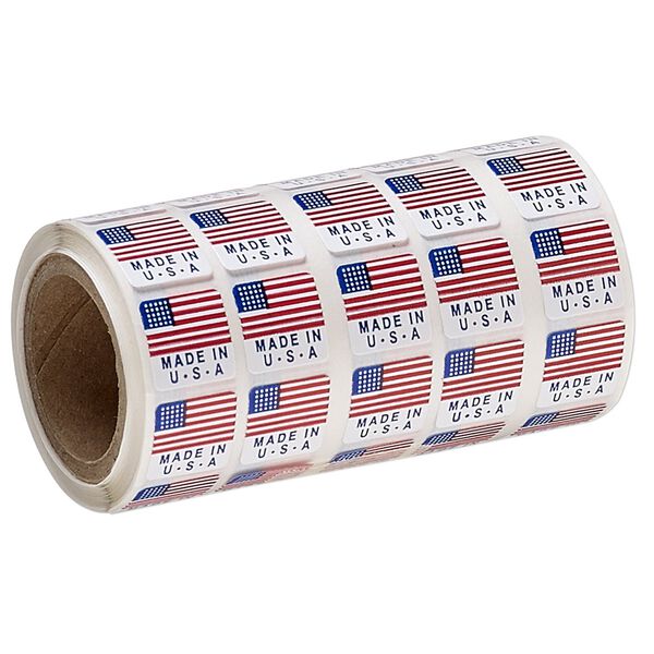 Adhesive label, paper, white / red / blue, 1/2 inch square with USA flag and "MADE IN USA." Sold per pkg of 50. image number 0