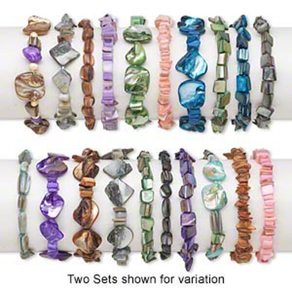 Bracelet mix, stretch, mother-of-pearl shell (bleached / dyed), mixed colors, 5x2mm-21x19mm mixed shapes, 6-1/2 to 7 inches. Sold per pkg of 10. image number 0
