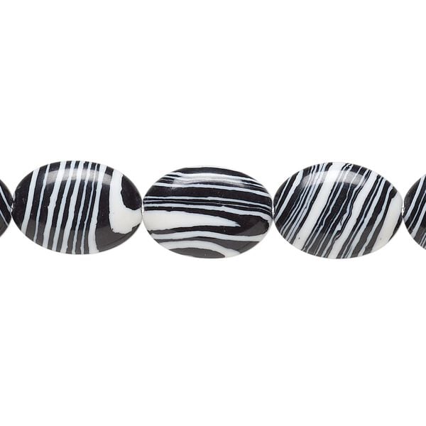 Bead, resin, black and white, 14x10mm flat oval. Sold per 15" to 16" strand. image number 0