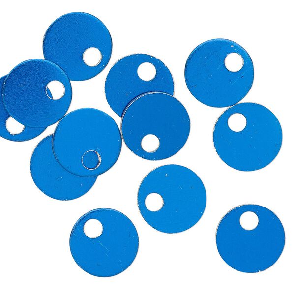 Drop, anodized aluminum, blue, 9mm double-sided flat round blank with 2mm hole, 20 gauge. Sold per pkg of 20. image number 0