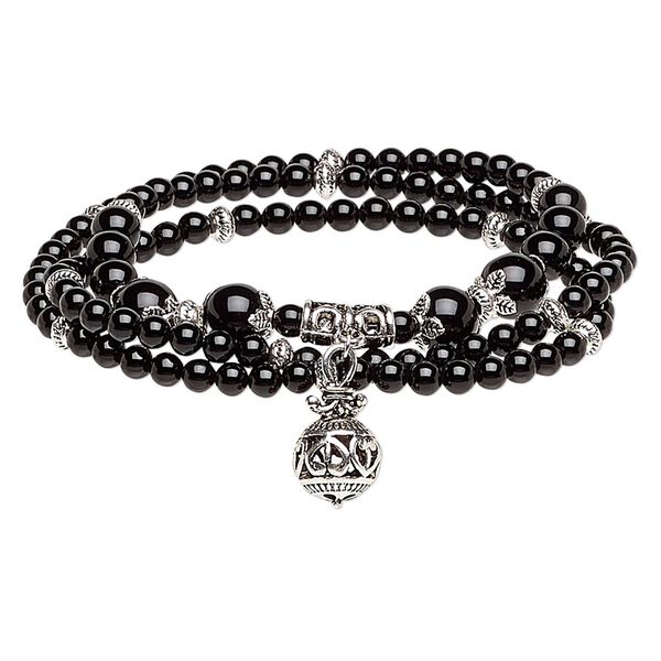 Black onyx / "pewter" (zinc-based alloy) 1pkg1, antiqued silver-plated hand-cut round stretch wrap bracelet 7.5 inch graduated 4-8mm / 11 image number 0