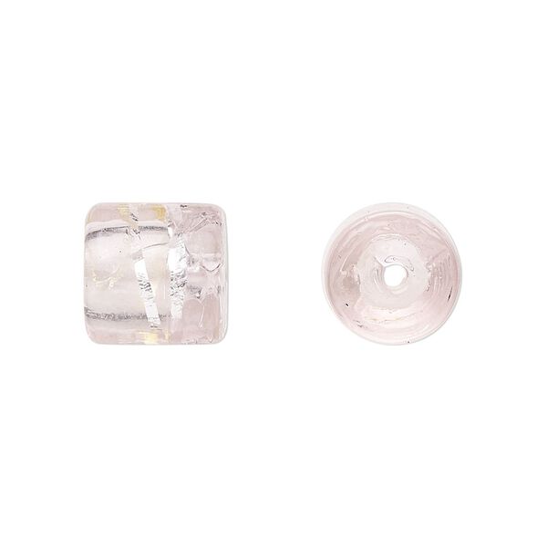 Cord end, glass, translucent pink with silver-colored foil, 11x11mm with wavy line pattern, 5mm inside diameter. Sold per pkg of 2. image number 0