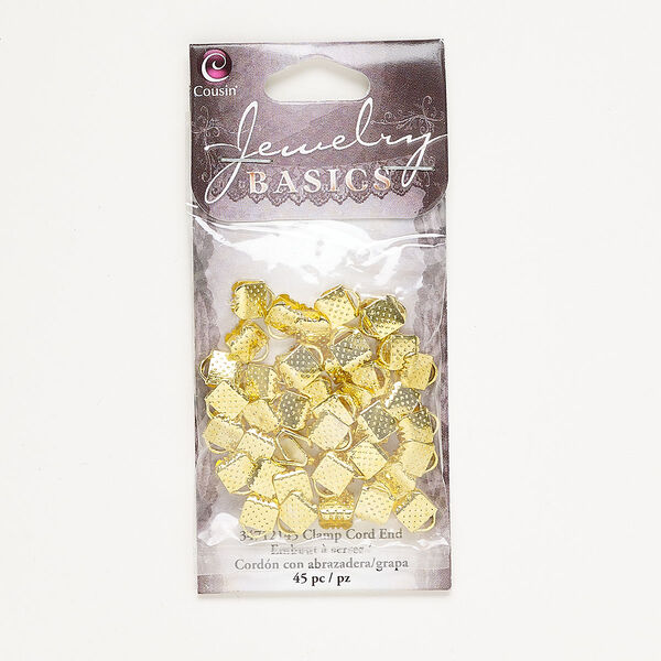 Ribbon crimp end, gold-finished steel, 7x6mm textured rectangle. Sold per pkg of 45. image number 0