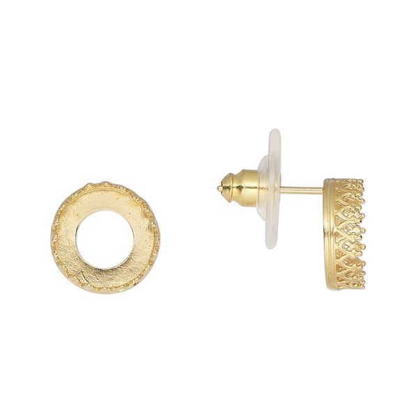 Earstud 1pkg2 JBB Findings gold-plated, 11.5mm round / SS47 rivoli bezel setting / comfort clutch, brass / acrylic clear 1 pair image number 0