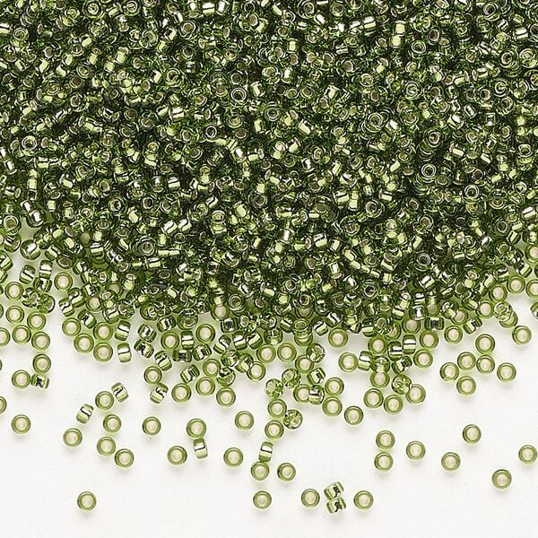 Seed bead, Miyuki, glass, pkg/35g, #15 rocaille, transparent silver-lined olive green (RR-26). image number 0