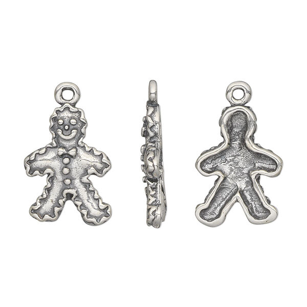 Charm, antiqued sterling silver, 17x12mm single-sided gingerbread man. Sold individually. image number 0