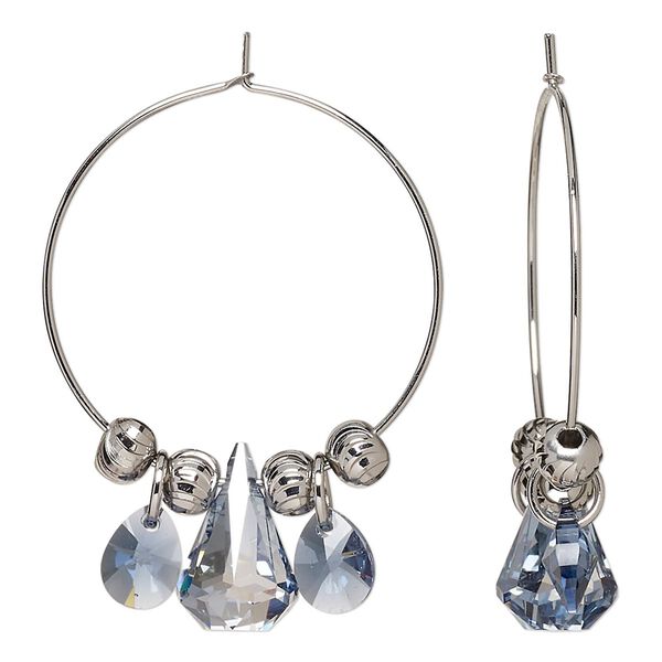 Earring, Everyday Jewelry™, Crystal Passions® and silver-plated "pewter", denim blue, 42mm hoop with teardrops and rounds. Sold per pair. image number 0