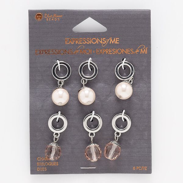 Drop, acrylic pearl / steel/ silver-finished "pewter" (zinc-based alloy), pink, 28mm dangle with 9mm round and faceted round with 6.5mm hole. Sold per pkg of 6. image number 0