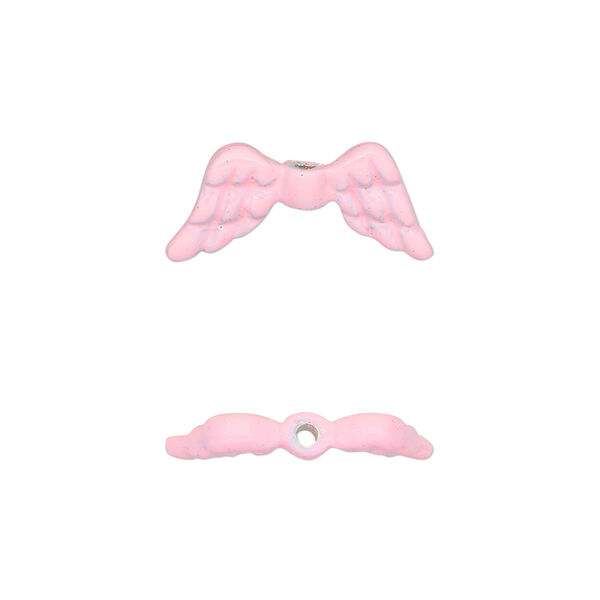 Bead, enamel and pewter (tin-based alloy), pink with glitter, 20x9mm double-sided angel wing. Sold individually. image number 0