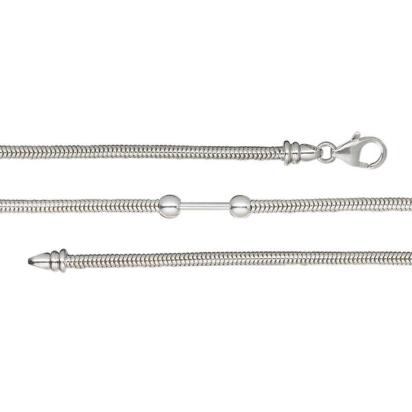 Chain, sterling silver, 3mm snake, 7 inches with lobster claw clasp, (2) twist-off ball end and end caps with 10x1.6mm bar. Sold individually. image number 0