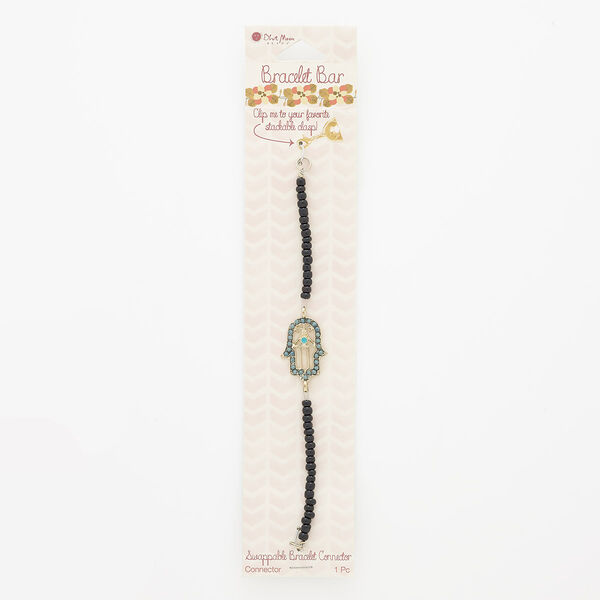 Bracelet component, enamel / glass / steel / gold-finished "pewter" (zinc-based alloy), black / green / turquoise blue, 19mm wide Fatima hand, 6 inches. Sold individually. image number 0