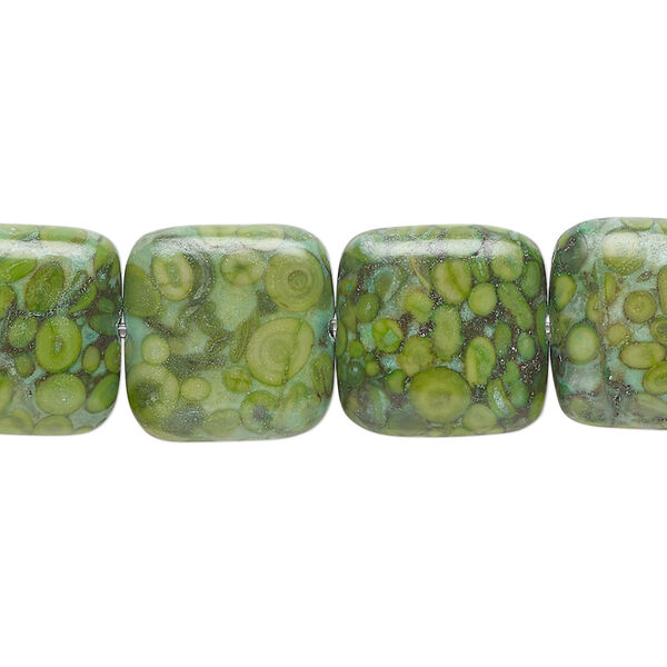 Bead, fossil stone (dyed), green, 14mm puffed square, C grade. Sold per 7-inch strand, approximately 10 beads. image number 0