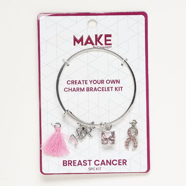 Bracelet and charm assortment, antique silver-finished brass / glass / fabric, pink, Breast Cancer theme, 7-1/2 inches. Sold per 5-piece set. image number 0