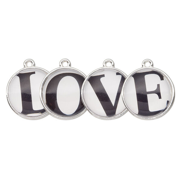 Drop, silver-finished "pewter" (zinc-based alloy) and plastic, black and white, 20mm single-sided domed flat round with "LOVE." Sold per 4-piece set. image number 0
