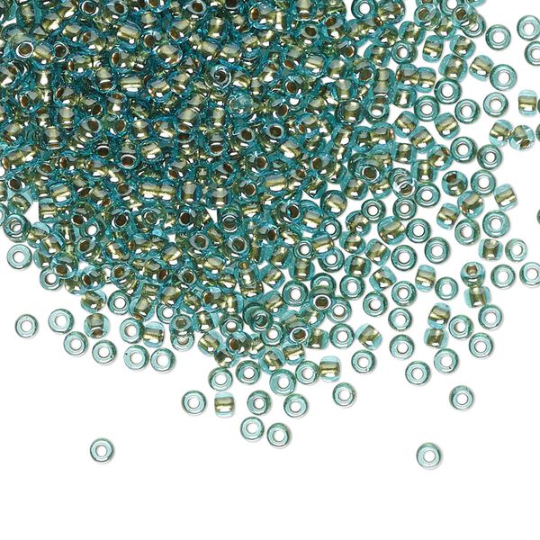 Seed bead, TOHO BEADS®, glass, pkg/7.5g, #11 round, transparent gold-lined aqua (TR-11-284). image number 0