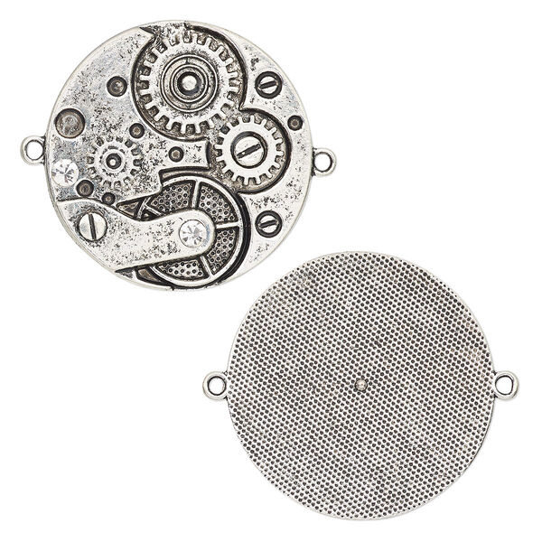 Focal, glass rhinestone and antique silver-finished "pewter" (zinc-based alloy), clear, 39.5mm single-sided clock gears with 2 loops. Sold individually. image number 0