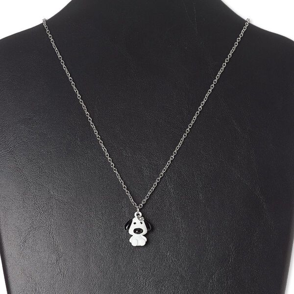 Necklace, glass rhinestone / enamel / silver-finished "pewter" (zinc-based alloy) / steel, white / black / clear, 20x18mm dog, 18 inches with 3-inch extender chain and lobster claw clasp. Sold individually. image number 0