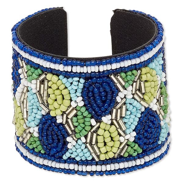 Bracelet, cuff, cotton / glass / steel, multicolored, 52mm wide with mosaic design, 7-1/2 inches. Sold individually. image number 0