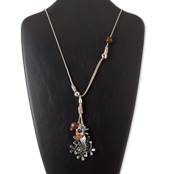 Necklace, waxed cotton cord / glass / resin / silver-coated plastic / silver-finished steel / antique silver-finished "pewter" (zinc-based alloy), tan / brown / orange, flower, 28-inch continuous loop. Sold individually. image number 0