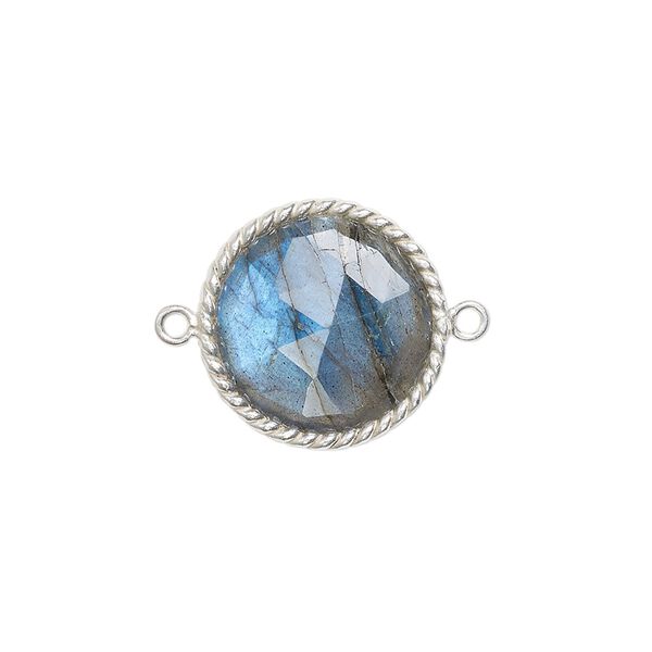 Link, labradorite (natural) and sterling silver, 17-19mm hand-cut double-sided faceted round with twisted wire design. Sold individually. image number 0