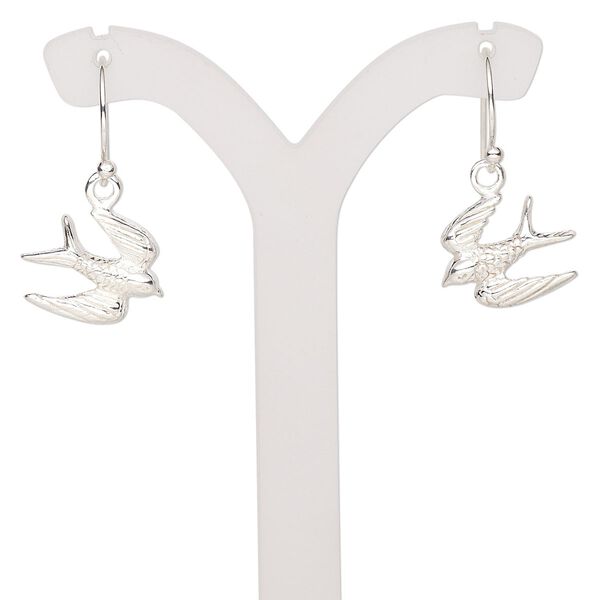 Earring, sterling silver, 14x11.5mm single-sided textured flying bird with fishhook ear wire, 24x14mm overall. Sold per pair. image number 0