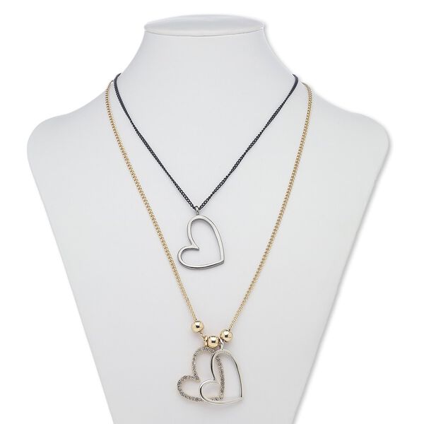 Necklace, 2-strand, glass rhinestone / black-plated / gold-finished steel / gunmetal- / silver-plated / gold-finished "pewter" (zinc-based alloy), clear, 30x28mm open heart, 24 inches with 2-inch extender chain and lobster claw clasp. Sold individually. image number 0