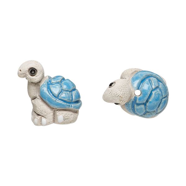 Bead, glazed ceramic, multicolored, 18x14mm hand-painted turtle. Sold per pkg of 2. image number 0