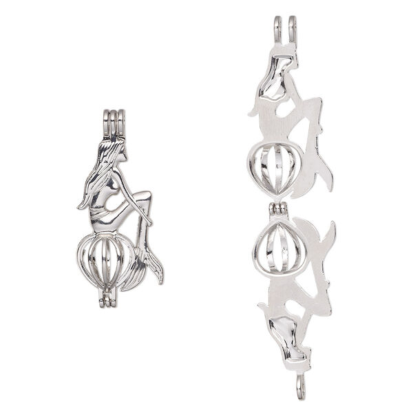 Pendant, imitation rhodium-finished "pewter" (zinc-based alloy), 43x19mm two-sided mermaid bead cage, fits 8mm round bead. Sold individually. image number 0