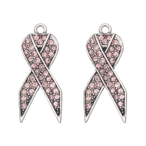 Charm, antique silver-finished "pewter" (zinc-based alloy) and glass, pink, 27x13mm single-sided awareness ribbon. Sold per pkg of 2. image number 0