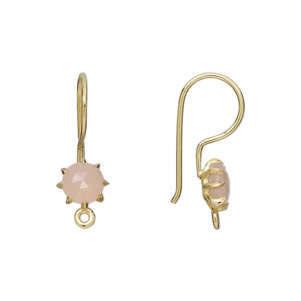 Ear wire, pink chalcedony (dyed) and gold-finished sterling silver, 22mm fishhook with 7.5mm hand-cut faceted round and closed loop, 19 gauge. Sold per pair. image number 0