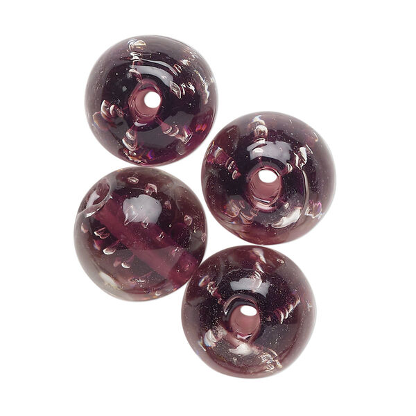 Bead, lampworked glass, translucent purple, 14mm round. Sold per pkg of 4. image number 0