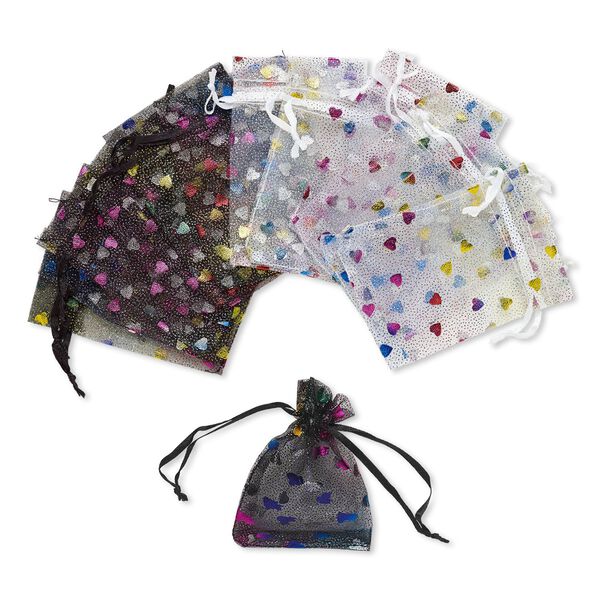 Pouch, organza, black / white / multicolored, 4 x 2-1/2 inches with heart pattern and drawstring. Sold per pkg of 12. image number 0
