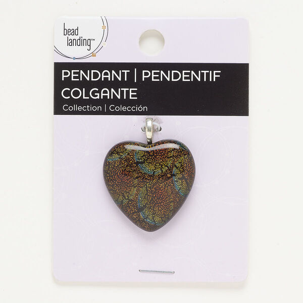 Pendant, antique silver-finished "pewter" (zinc-based alloy) and dichroic glass, opaque multicolored, 33mm heart. Sold individually. image number 0