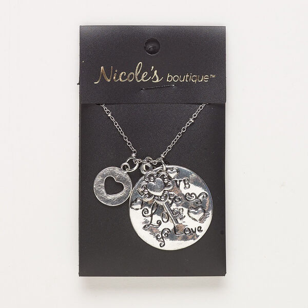 Necklace, antique silver-finished "pewter" (zinc-based alloy) and steel, 31mm round with "love" and cutout heart / round / key, 24 inches with 2-inch extender chain and lobster claw clasp. Sold individually. image number 0