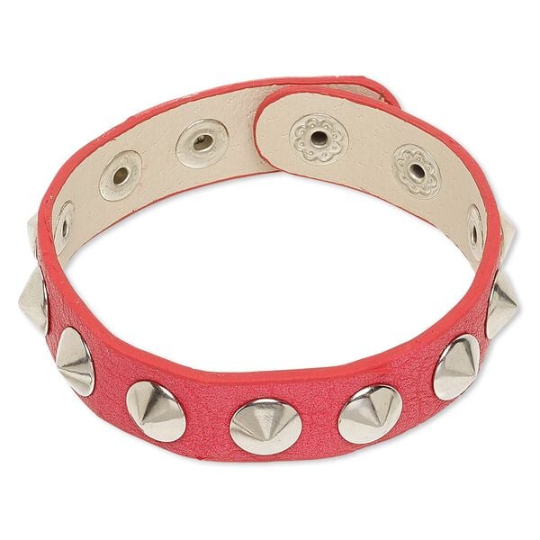 Bracelet, imitation leather and imitation rhodium-finished steel, pink, 15mm wide with studs, adjustable at 6-1/2 and 7 inches with snap closure. Sold individually. image number 0