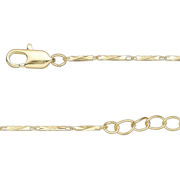 Chain, gold-finished brass, 7x1.5mm diamond-cut rectangle tube, 16 inches with 1-1/4 inch extender chain and lobster claw clasp. Sold individually. image number 0