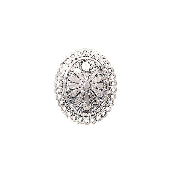 Drop, antiqued sterling silver, pkg/1, 19.5x16mm single-sided domed oval with flower design. image number 0