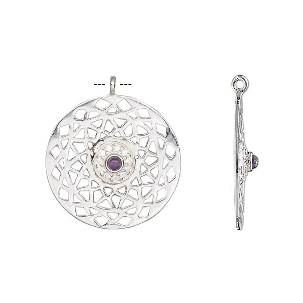 Drop, amethyst (natural) / cubic zirconia / sterling silver, clear, 19.5mm single-sided flat round with cutout design. Sold individually. image number 0
