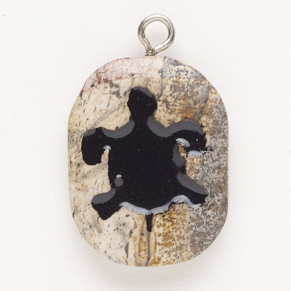 Focal, steel/picture jasper (natural)/enamel, pkg/1, silver finish and black, 30x24mm single-sided puffed freeform with turtle, B grade. image number 0