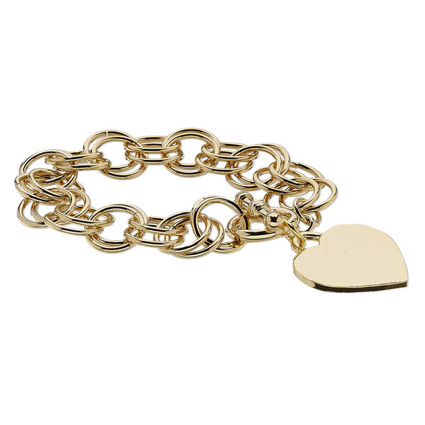 Bracelet, gold-plated steel and brass, 14mm wide with 27mm flat heart, 6 inches with toggle clasp. Sold individually. image number 0