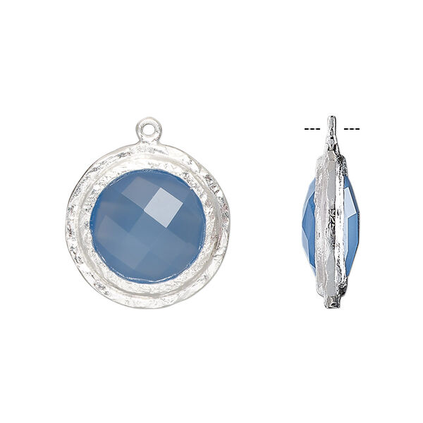 Drop, chalcedony (dyed) and sterling silver, blue, 17mm double-sided faceted round with hammered edge. Sold individually. image number 0